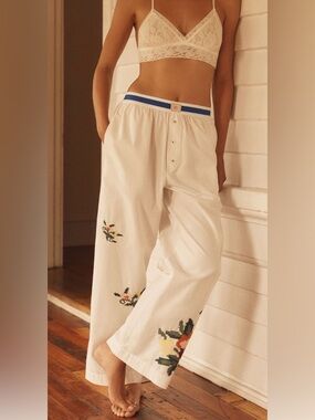 NWOT Ivory Embroidered Lounge Joggers with Blue Trim